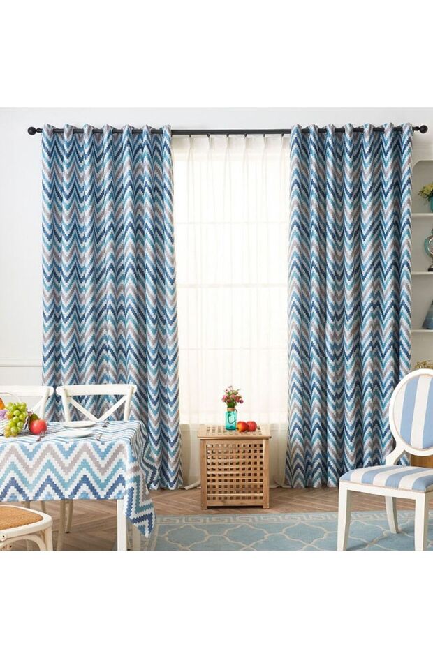 2-Piece Blackout Curtains,1.4 x 2.4m Blue,Corrugated Paper Printed Room Darkening Panels