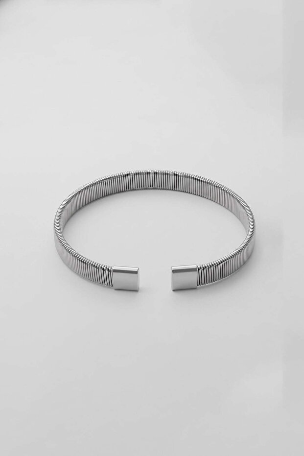 Men's Spiral Textured Steel Handcuff Bracelet Silver