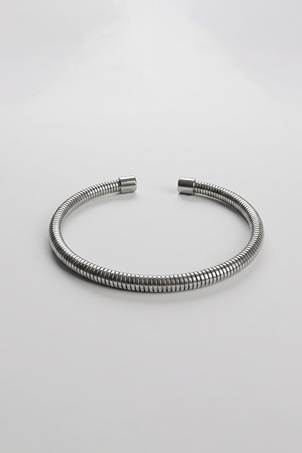 Men's Spiral Textured Open-End Steel Bracelet Silver