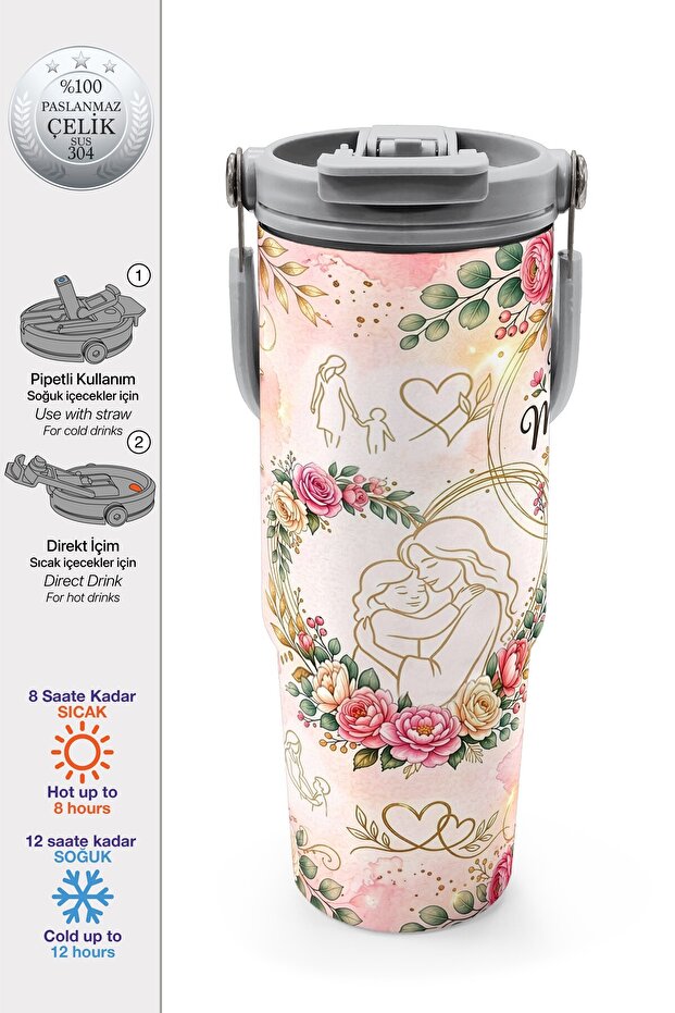 Special for Mother's Day, Mother-Daughter Patterned Steel Thermos with Straw and Direct Drinking Feature 900 ml 38761