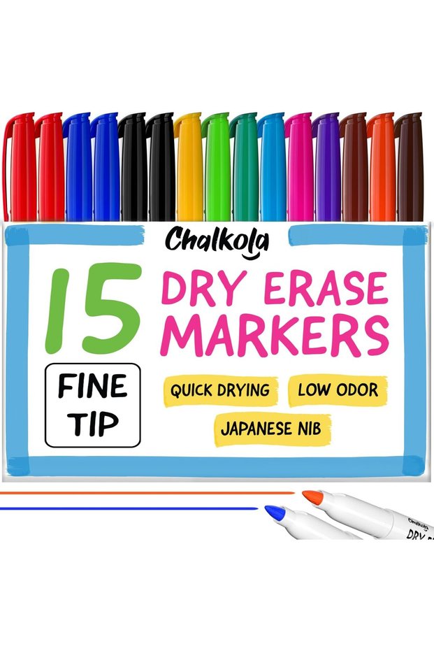 Dry Erase Markers Fine Tip (15 Pack, 12 Colors)
