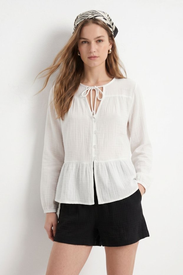 Ecru Front Tie Detailed Buttoned Blouse 4531A