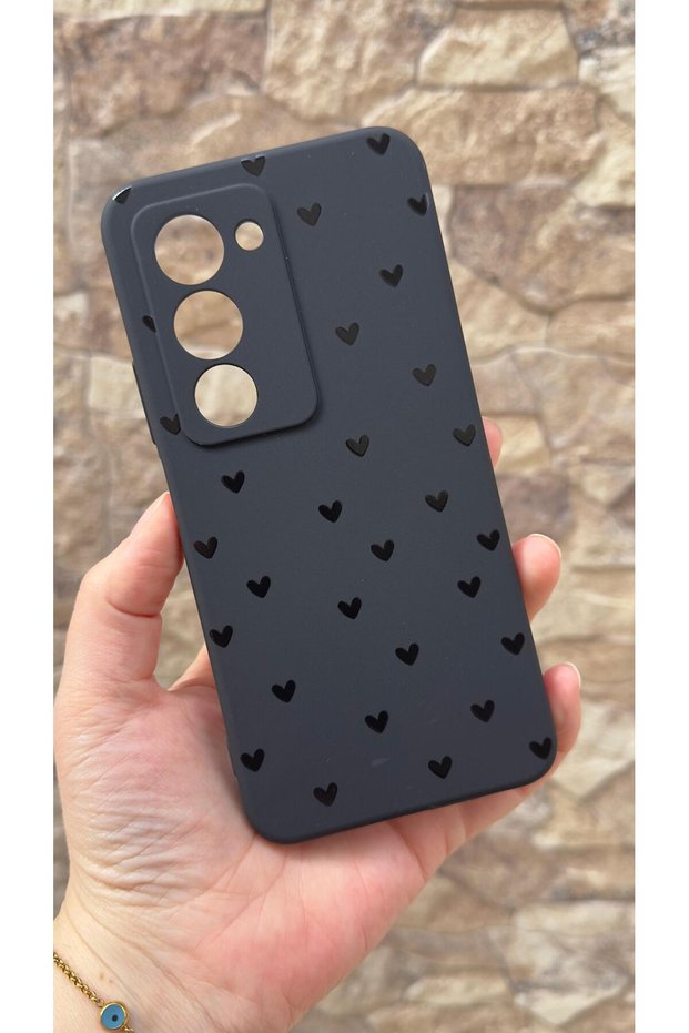 Redmi 15 Compatible Mini Black Heart Patterned Silicone Shock Absorbing Classic Protective Rubber Case