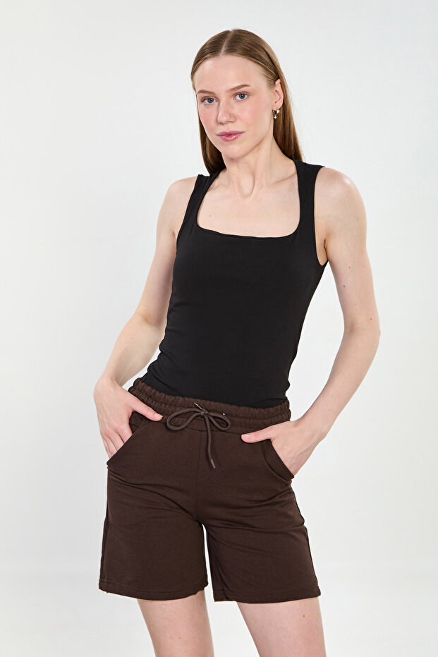 Women's Square Neck Thick Strap Bodysuit - Black