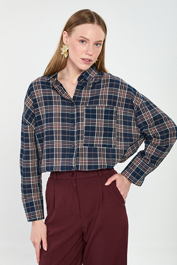 Women's striped checkered shirt - navy blue