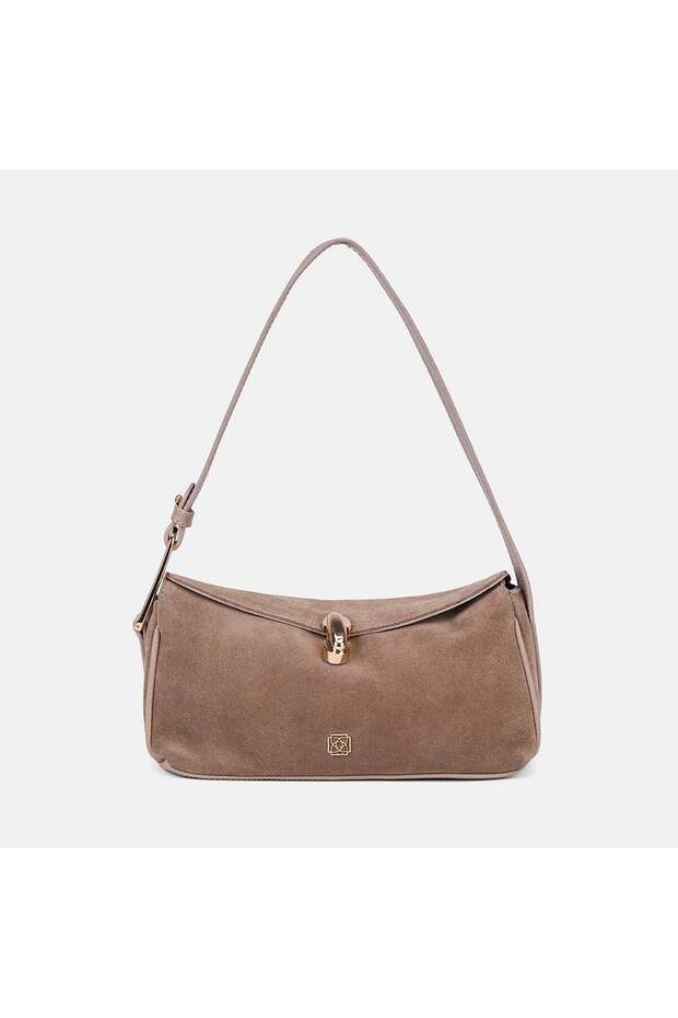 Women's Beige Gold Lock Detailed Suede Textured Shoulder Bag
