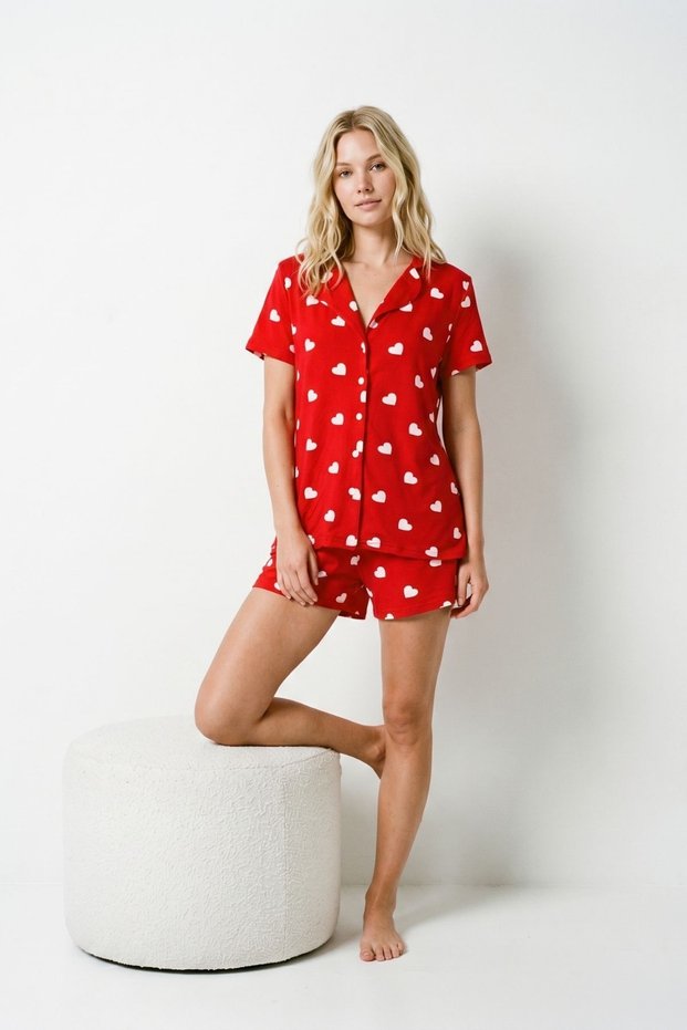 Red Heart Pattern Short Sleeve Shorts Set 5303