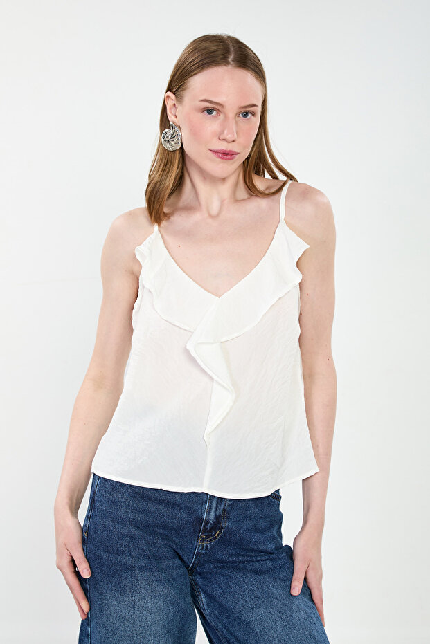 Women's Rope Strap Blouse with Ruffles on the Front - White