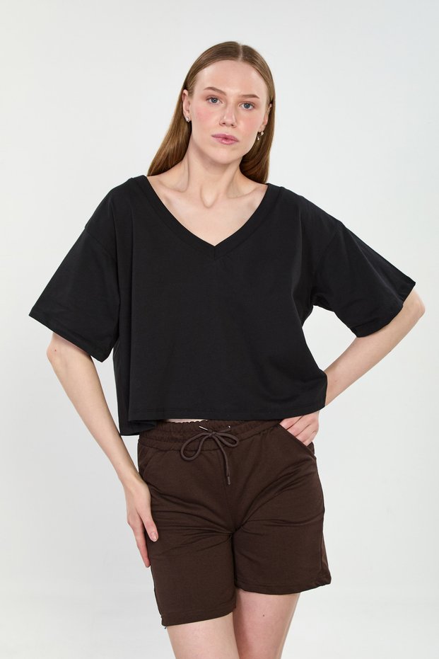Women's V-Neck Short Oversize T-Shirt - Black