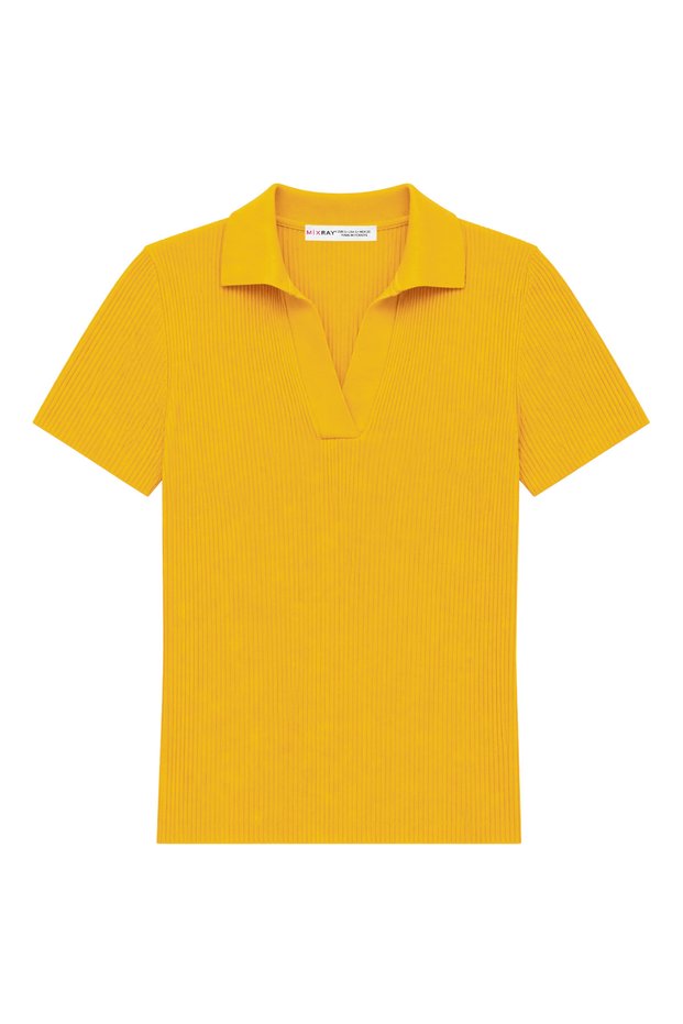 2091 Women's Polo Neck Ribbed Short Sleeve Knitwear Blouse Yellow