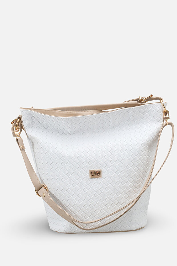 Caliviana White Beige Knitted Women's Strap Detailed Casual Stylish Cross Shoulder Bag