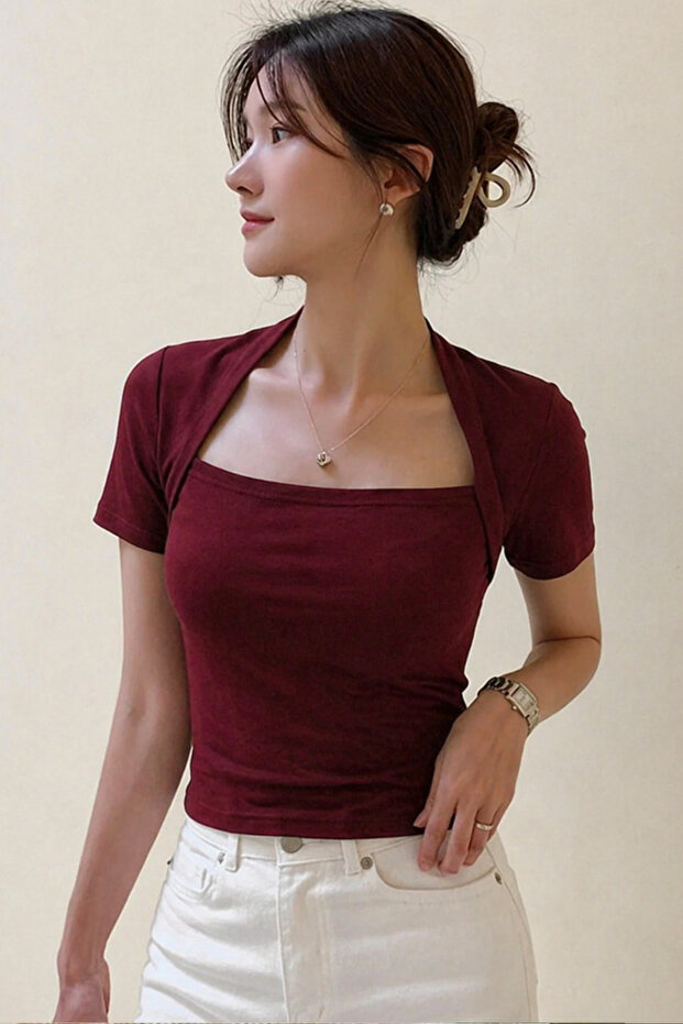 Women's Burgundy Swan Collar Modern Basic Crop T-Shirt – Comfortable Fit Stylish Casual Blouse