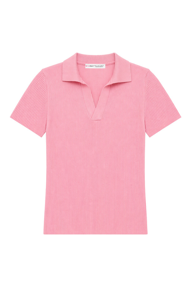 2091 Women's Polo Neck Ribbed Short Sleeve Knitwear Blouse Pink