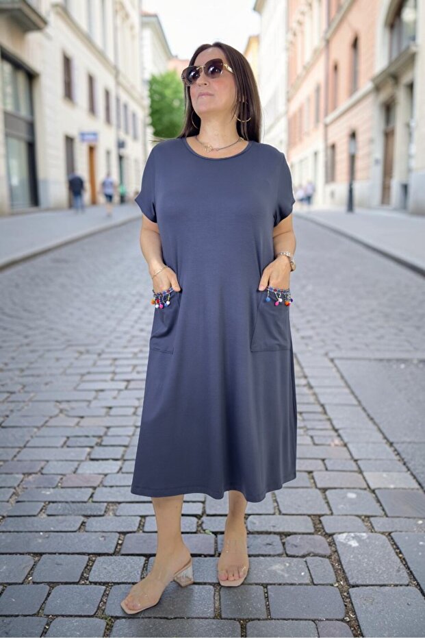 Lycra Beaded Detail Pocket Short Sleeve Cotton Viscose Medium Length Plus Size Dress