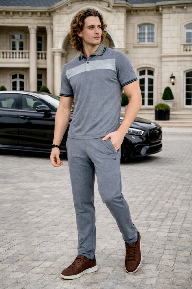 Smoked Polo Collar T-Shirt and Trousers Double Set with Zipper Pockets Merselize Fabric