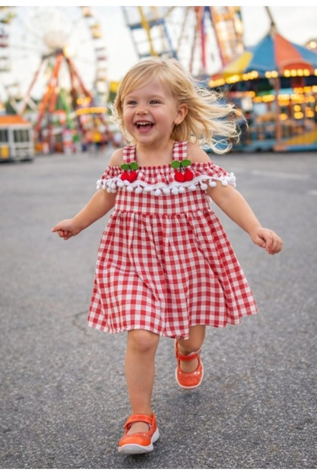 Girl's Gingham Cherry Accessory Pompom Detailed Wrinkled Summer Dress 1-5 Years Old
