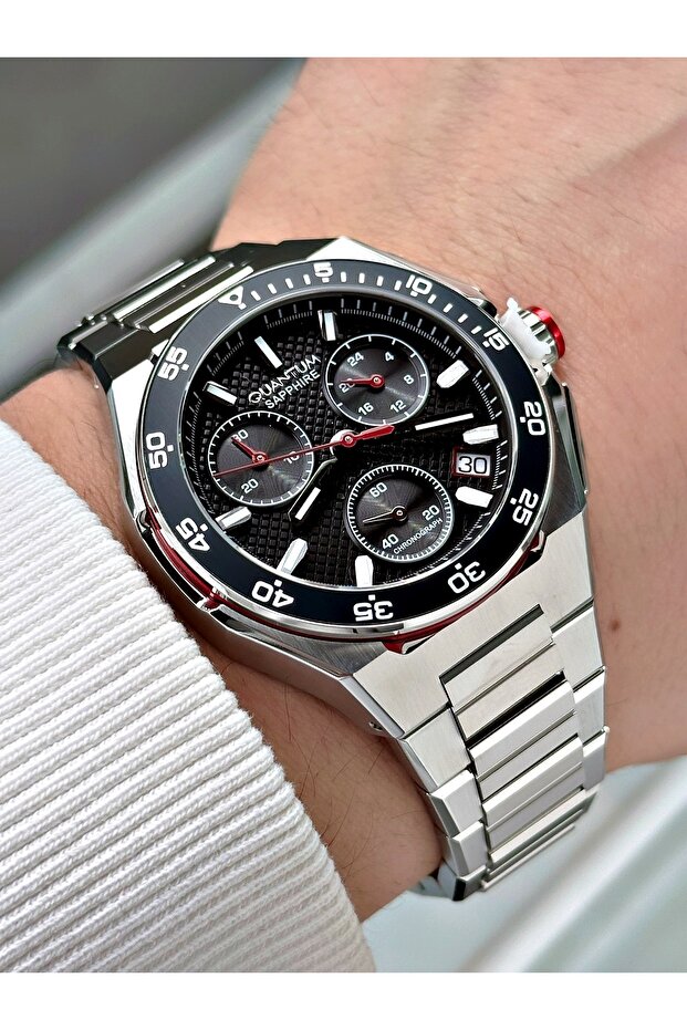 Functional Silver-Black Color Steel Band Steel Case Sapphire Glass Men's Wristwatch 1283Mr