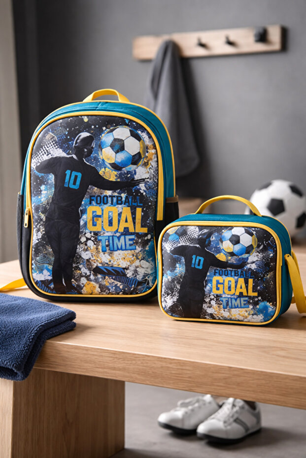 Football Goal Patterned Primary School Bag and Lunchbox Set - 2-Piece Boys' School Kit