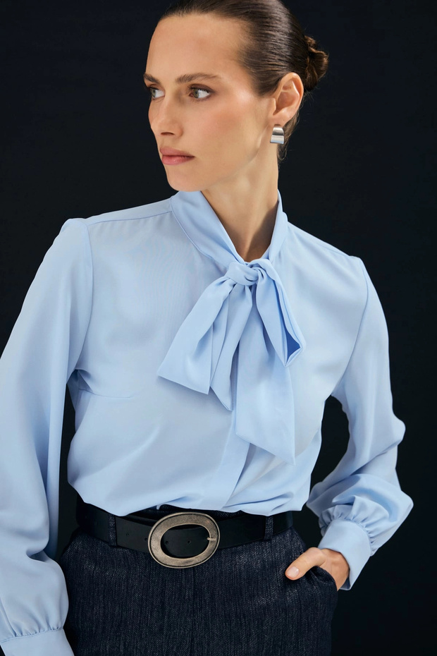 Tie Collar Plain Shirt - Blue