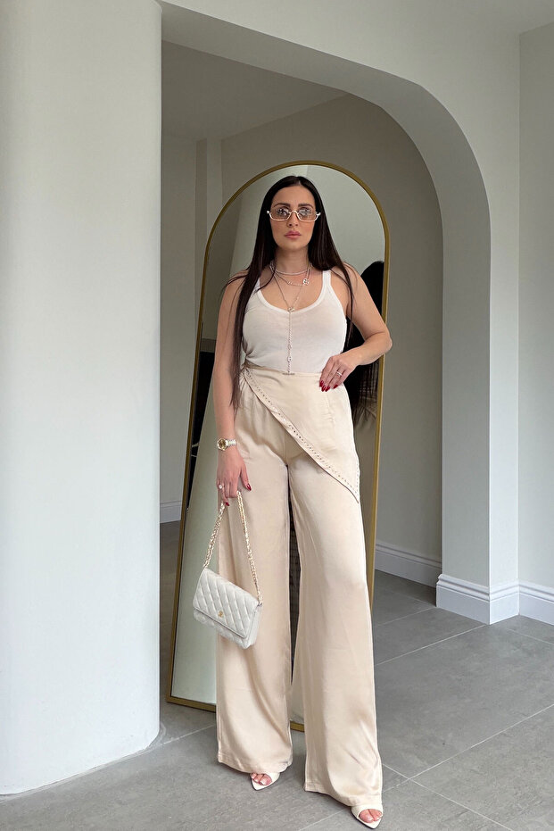 Satin Trousers with Scarf Detail and Elastic Waist - Beige