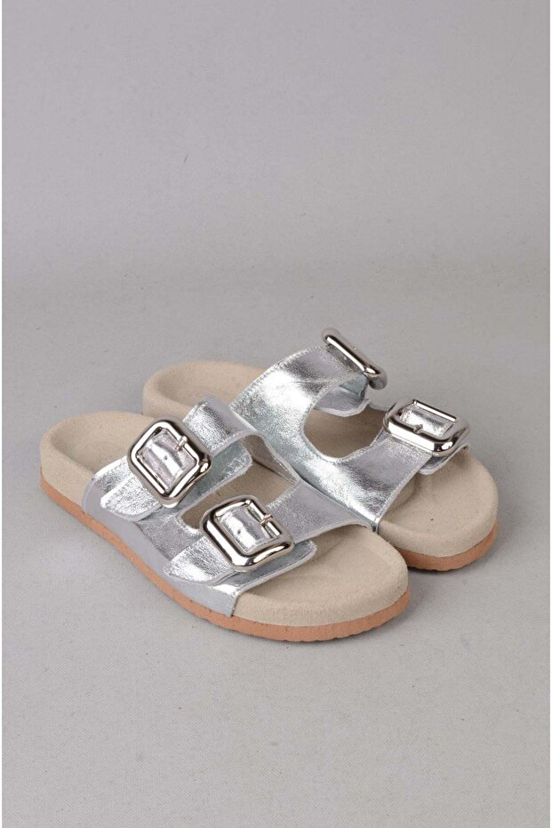 Seç 7543 Genuine Leather Women's Slippers (Heel Height: 2 cm) Silver