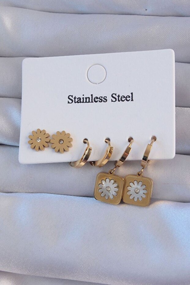 316L Steel Gold Color Zircon Stone Pearlescent Daisy Model Hoop Earring Set