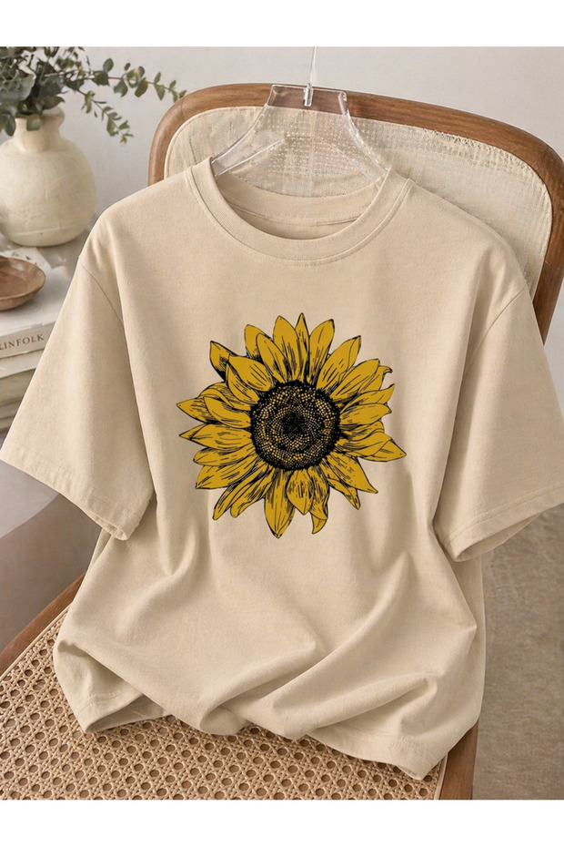 Sunflower Printed Cotton Crew Neck Short Sleeve T-Shirt