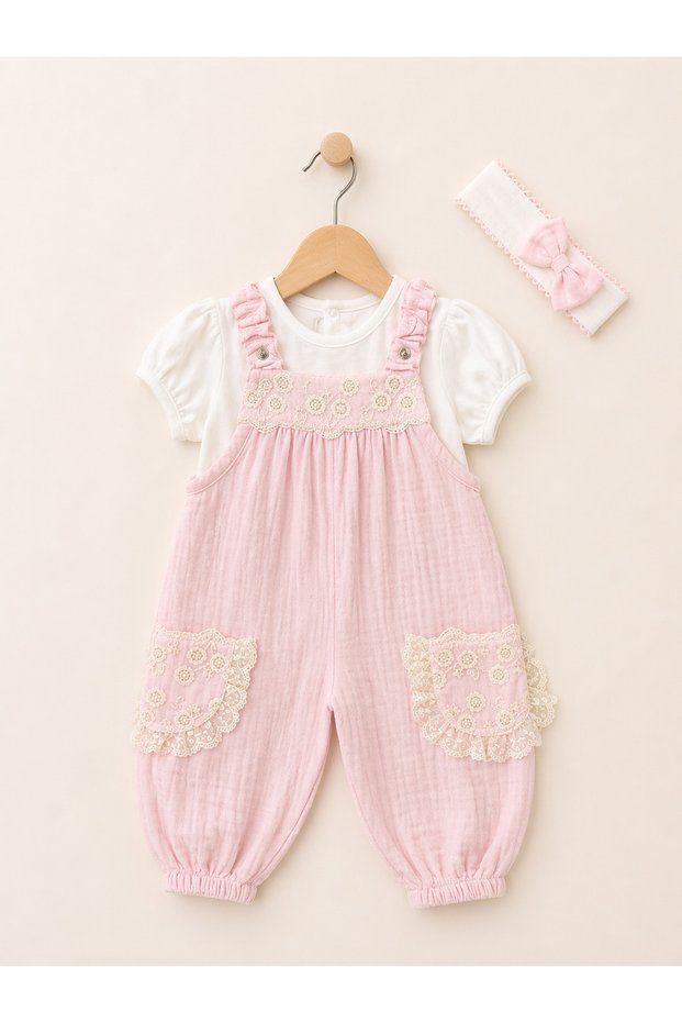 Lace Pocket Detailed Baby Girl Slopet Set