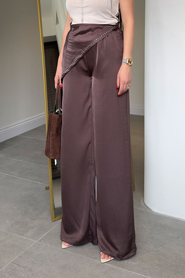 Satin Trousers with Scarf Detail and Elastic Waist - Brown