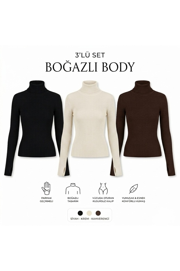 Women's Turtleneck Finger-Hole High Neck Bodysuit 3-Pack