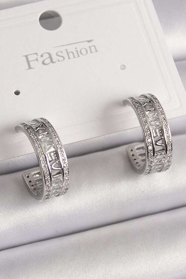 Brass Silver Color Zircon Stone Processing Detail Ring Model Women's Earrings
