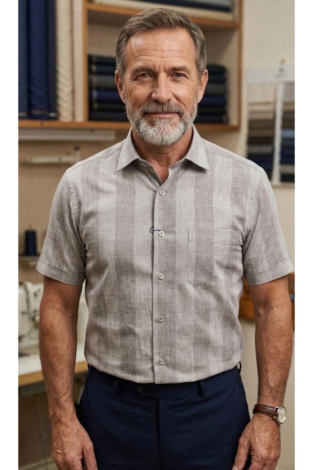 Classic Men's Shirt with Hidden Buttons at the Collar, Short Sleeves, Pockets
