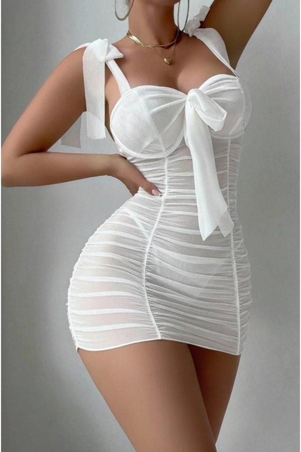Women's Stylish Drawstring Mini Dress Transparent Tulle Dowry Dress