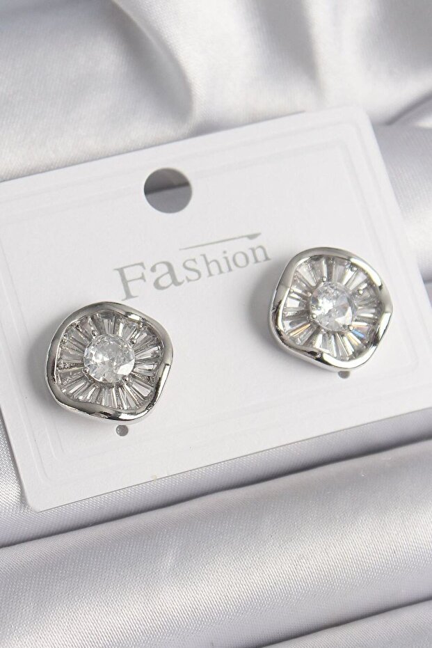 Brass Silver Color Zircon Stone Clover Model Women's Earrings