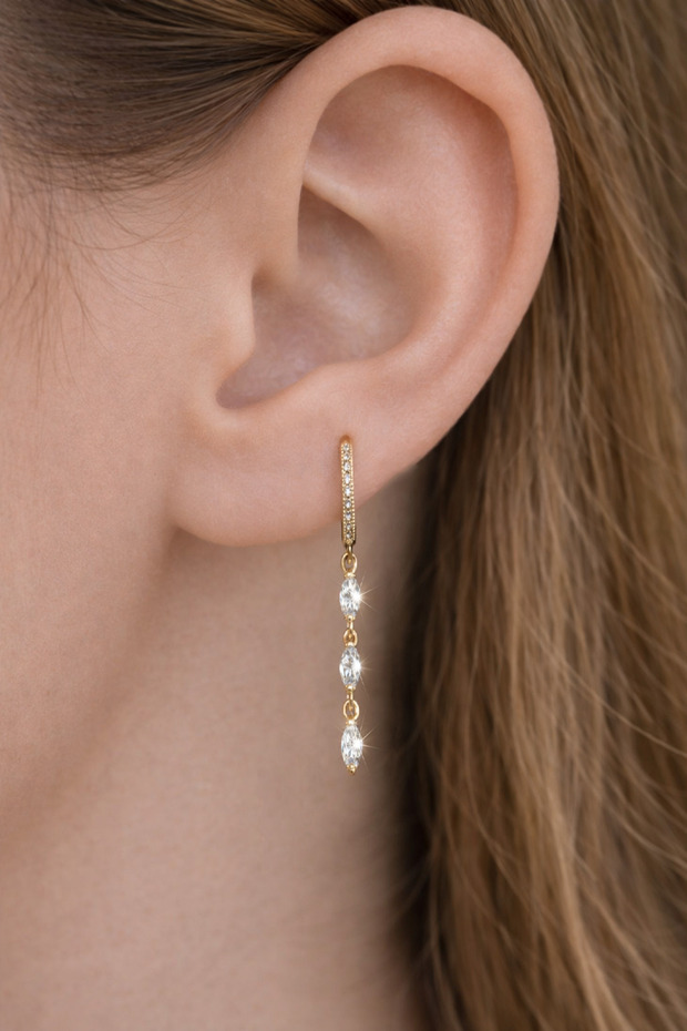 Three Stone Dangle Hoop Earrings Zircon Waterway (1 Pair)