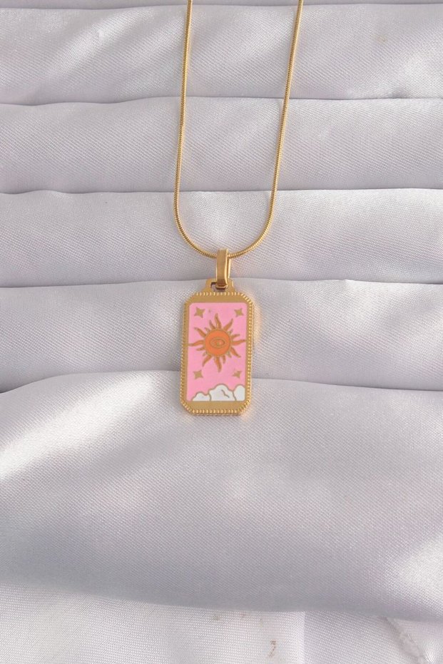 316L Steel Gold Color Pink Enameled Sun Model Tarot Necklace
