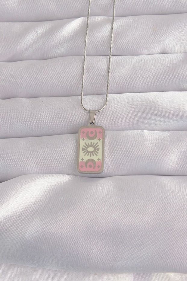 316L Steel Silver Color Pink Enamel Moon Figure Tarot Necklace