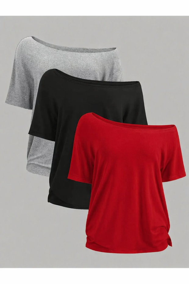 Women's Off Shoulder Boat Neck 3-Piece T-Shirt Set