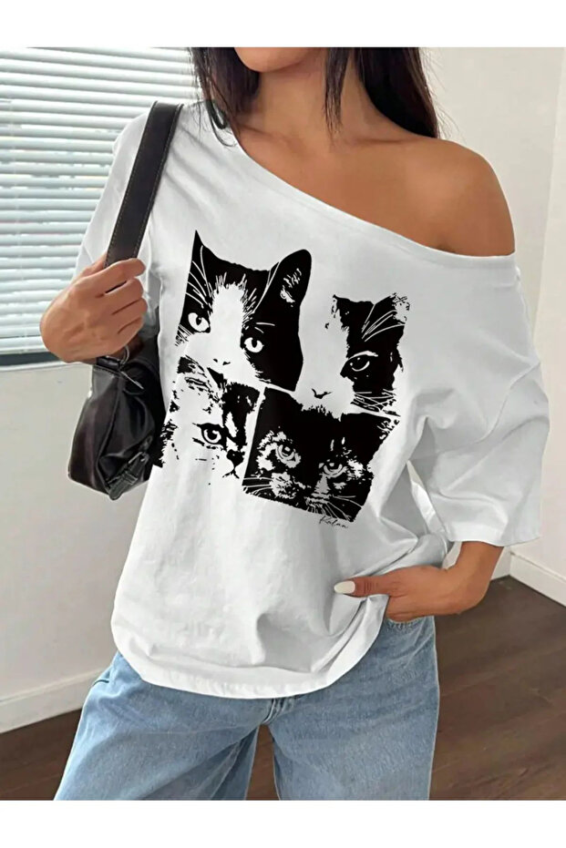 Women's Boat Neck Cat Printed Oversize 100% Cotton T-Shirt