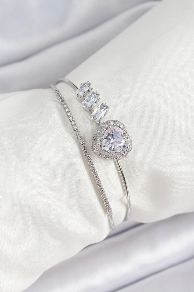 Brass Silver Color Heart Zircon Stone Women's Bracelet