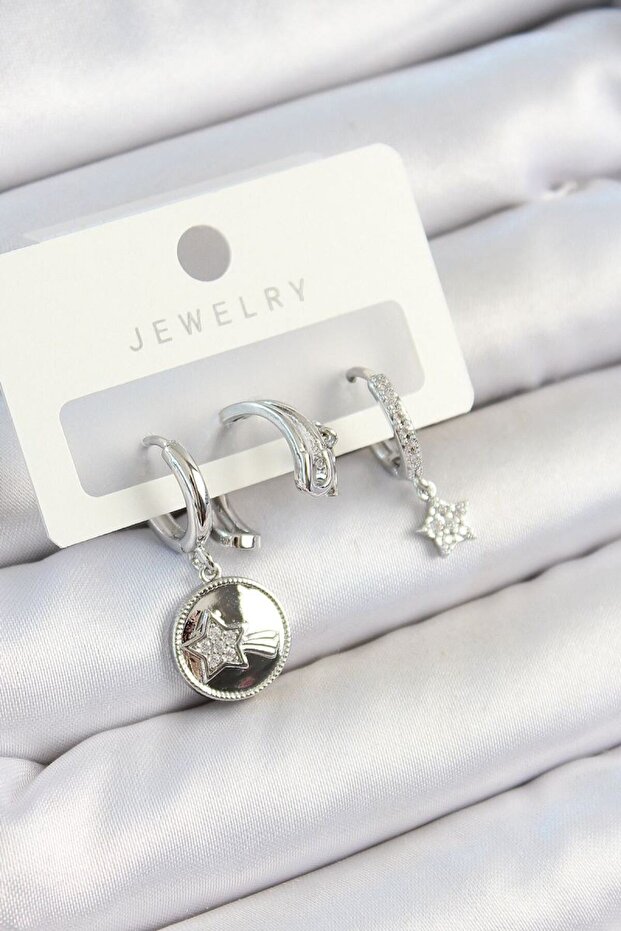 Brass Zircon Stone Dangle Star Model Silver Color 3-Piece Double Women's Earring Set