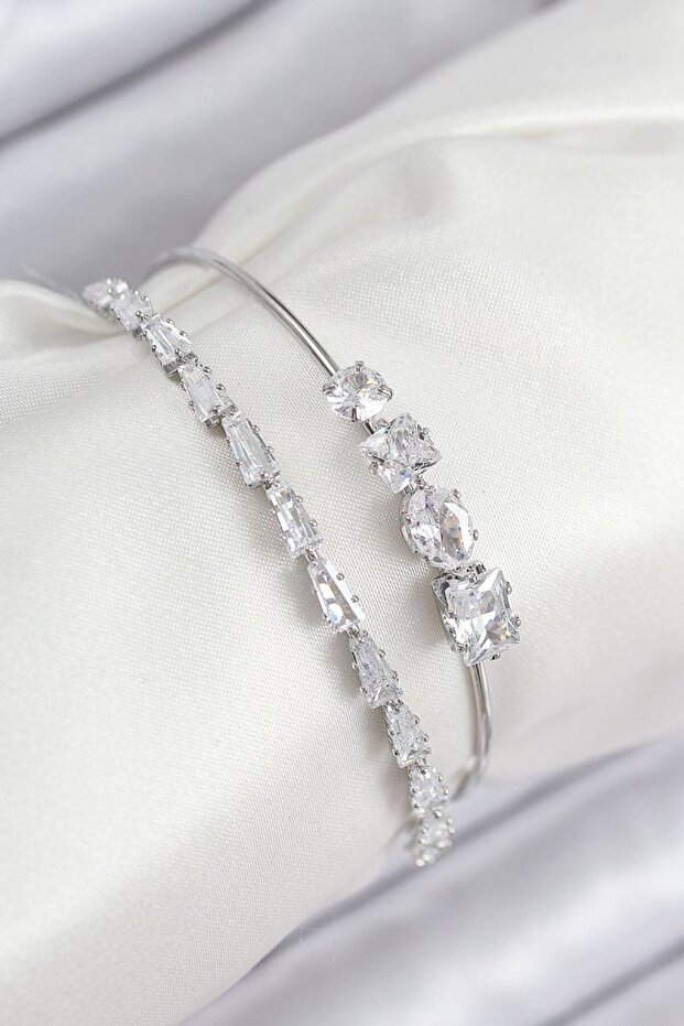 Brass Zircon Stone Watercourse Model Silver Color Women's Bracelet