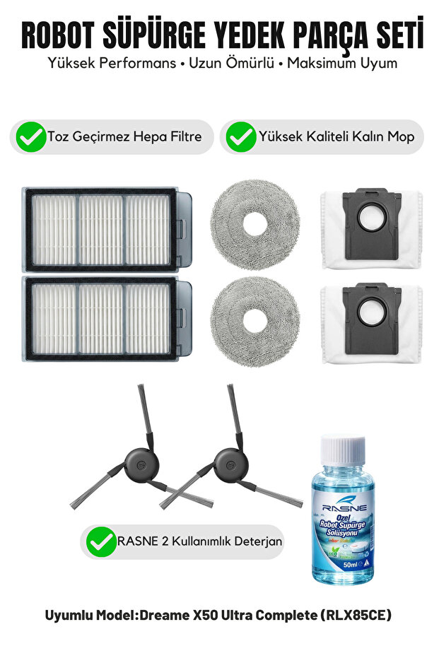 Dreame X50 Ultra Complete (RLX85CE) متوافق مع فرشاتين جانبية، فلترين، ممسحتين، منظف واحد، كيسان للغبار