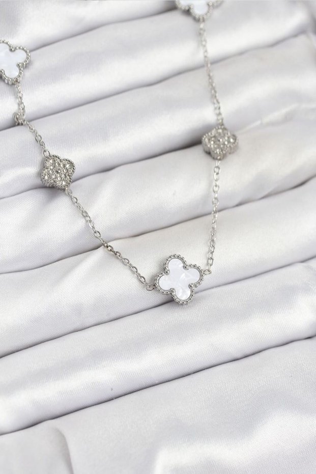 316L Steel Chain Silver Color White and Zircon Stone Clover Women Necklace