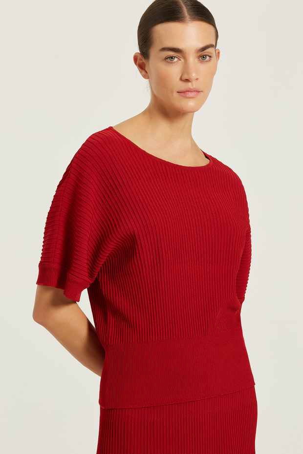 Burgundy Ribbed Striped Bat Sleeve Blouse