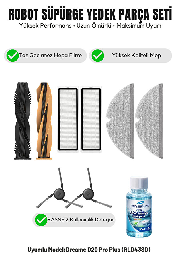 Dreame D20 Pro Plus (RLD43SD) متوافق مع فرشاة رئيسية واحدة، فرشاتين جانبية، فلترين، ممسحة واحدة، منظف واحد