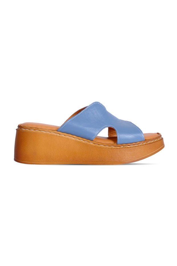 Snai Women's Genuine Leather Stitched Detailed Wedge Heeled Slippers B4562