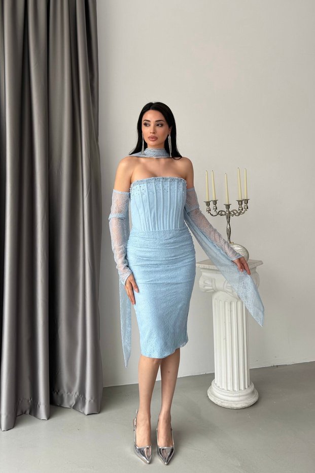 Baby Blue Stone Embroidered Lace Midi Evening Dress with Scarf and Gloves