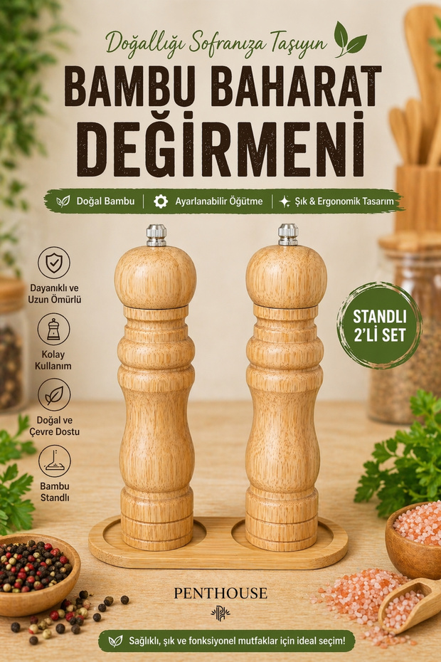 Natural Bamboo Salt & Pepper Mill Set – Stylish Kitchen Set with Manual Grinder and 2 Stands