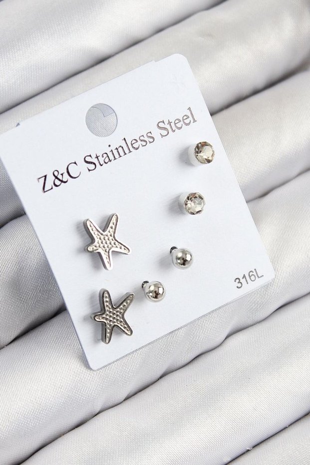 316L Steel Zircon Stone Starfish Model Silver Color Women's Set Earrings
